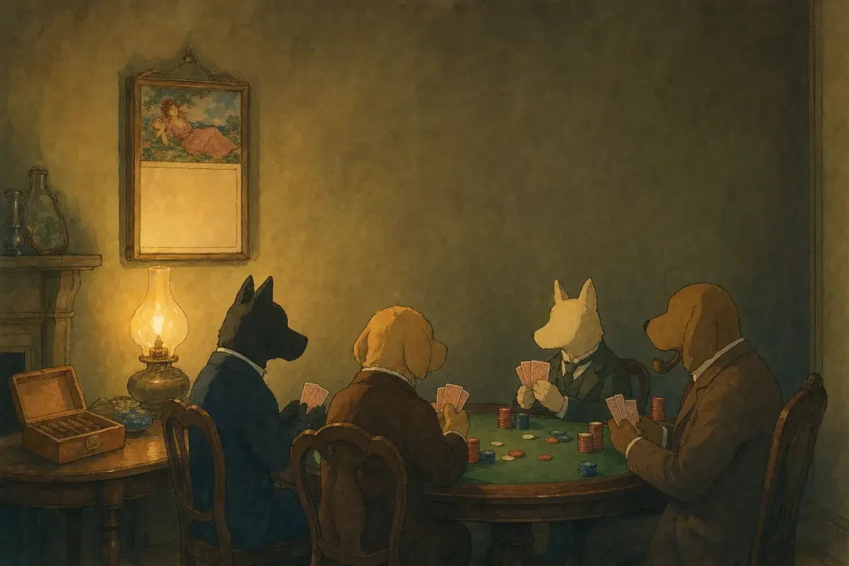 Ghibli-style parlour with anthropomorphic dog silhouettes at a card table, cigar box and calendar print on a side table, warm lamplight — Dogs Playing Poker art history