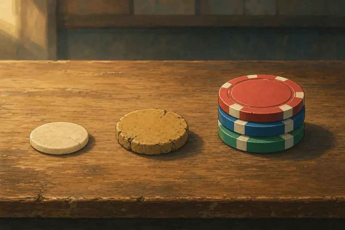 Ivory-toned disc, cracked aged clay chip, and modern composite stack in a left-to-right timeline on worn wood — history of poker chips