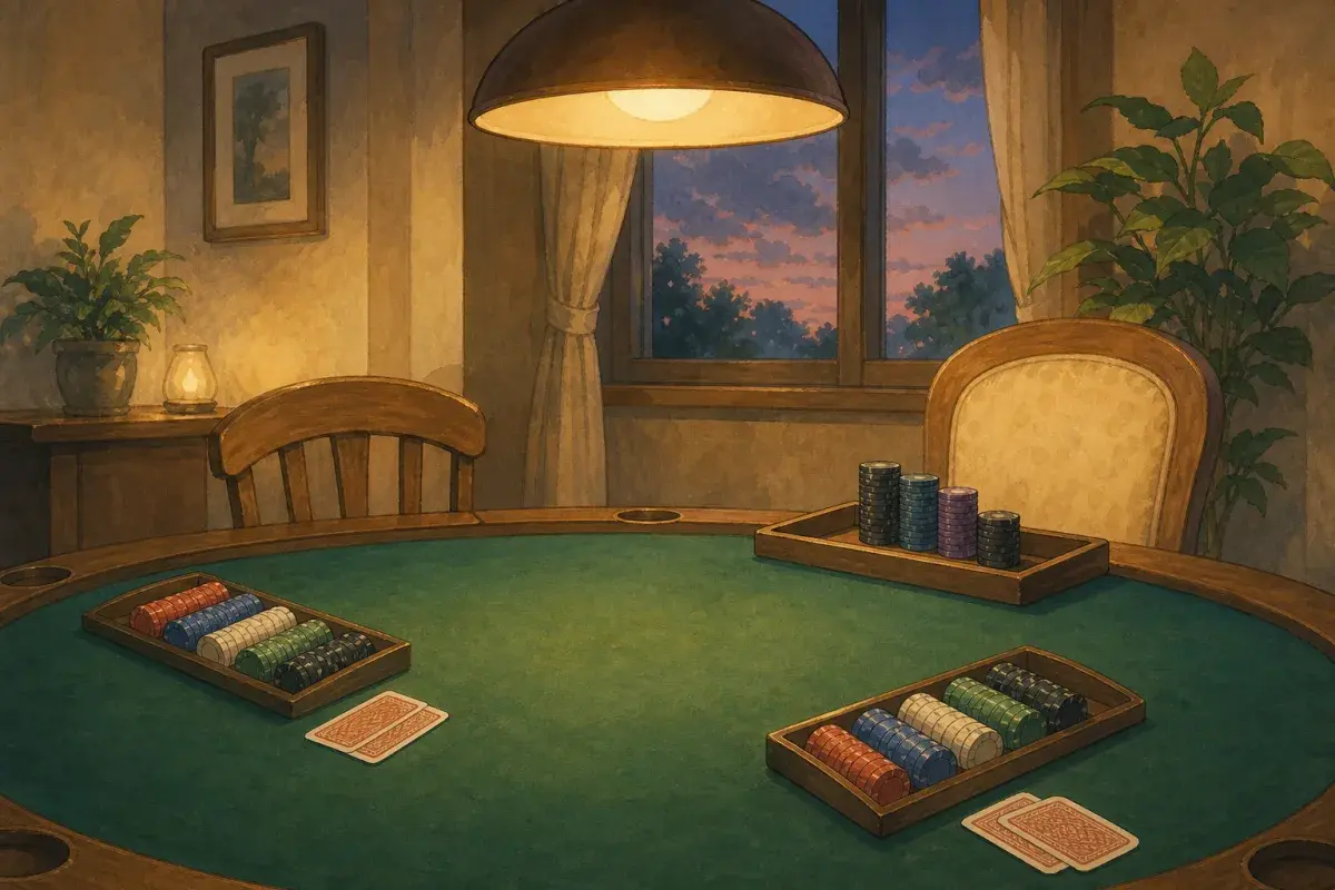 Ghibli-style poker table with dealt starting stacks at seats and a host tray of high-denomination reserve chips — home tournament rebuy chip bank guide