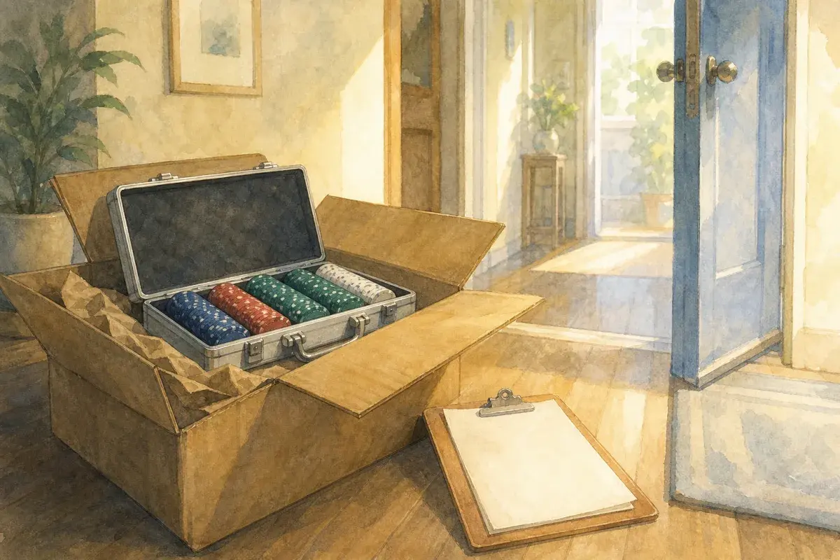 Ghibli-style hallway with open shipping box, chip case lid up, and checklist clipboard — inspecting custom poker chips on delivery