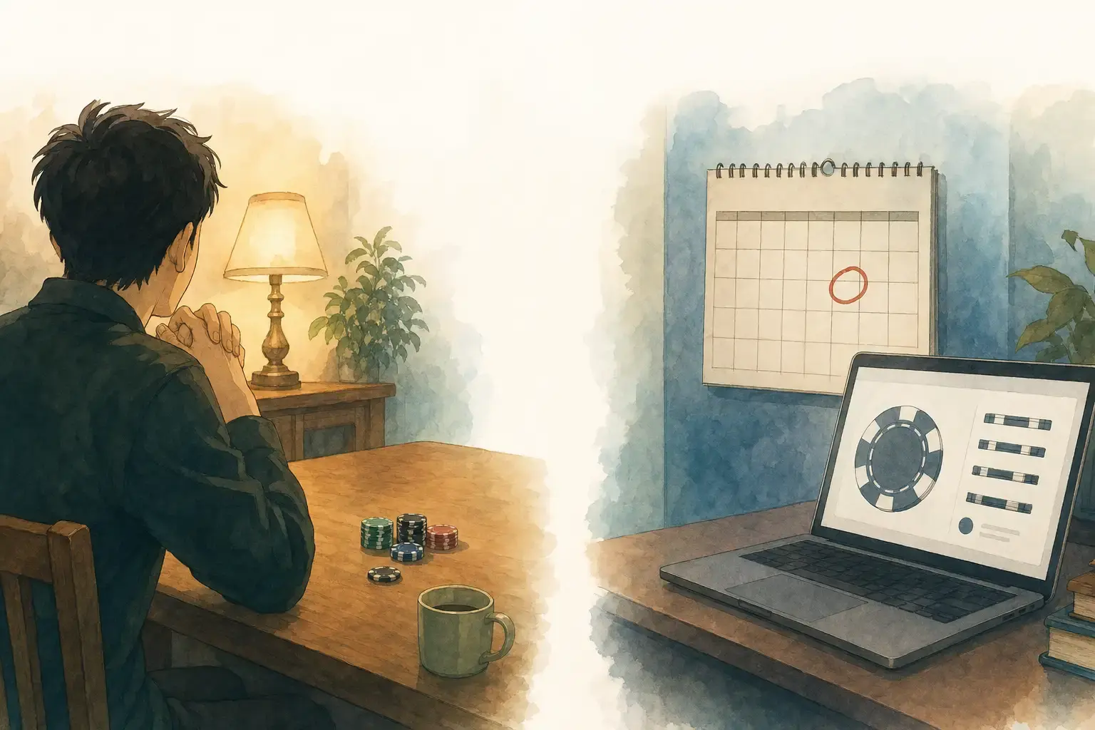 Ghibli-style split scene — patient host at dining table with coin-sized chip stack beside rush-event calendar and instant-quote laptop — is Poker Foundry right for you fit guide
