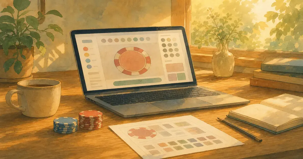 Ghibli-style home desk with laptop showing a chip quote screen beside coin-sized chip stacks and a proof printout — order custom poker chips online