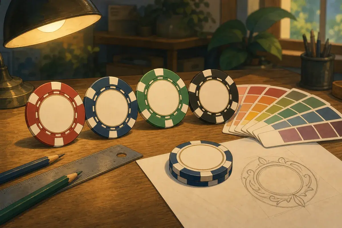Design desk with colour swatches, crest sketch, and poker chips in different base colours and edge spots — personalised custom poker chips