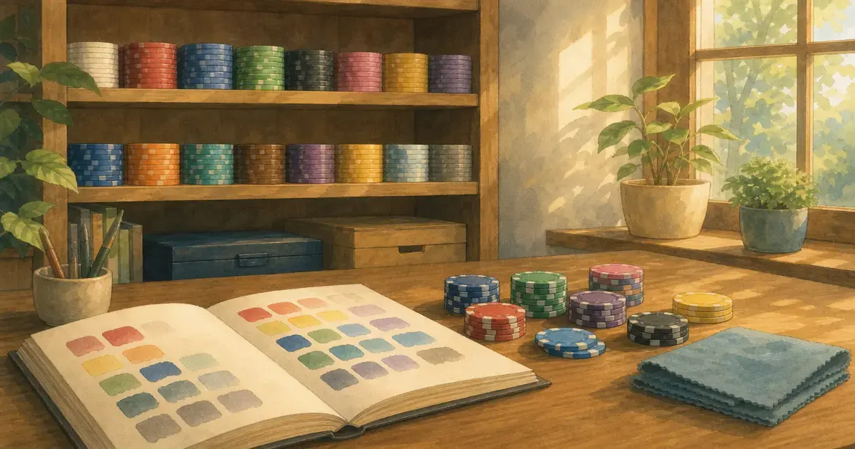 Ghibli-style study shelf with coin-sized poker chip stacks, colour swatches, and a soft cloth — Poker Chip Academy learning hub