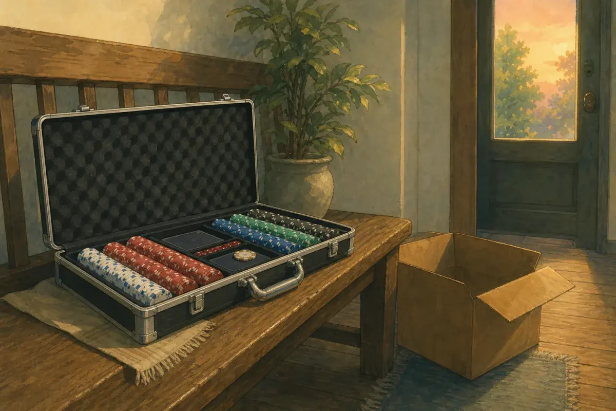 Ghibli-style open metal poker chip case with felt-lined foam trays on a hallway bench beside a courier box — poker chip metal case guide for custom sets