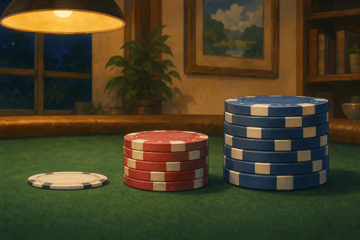 Studio illustration of a small lightweight plastic chip beside taller stacks of heavy 10g and 14g poker chips on felt — poker chip weight comparison