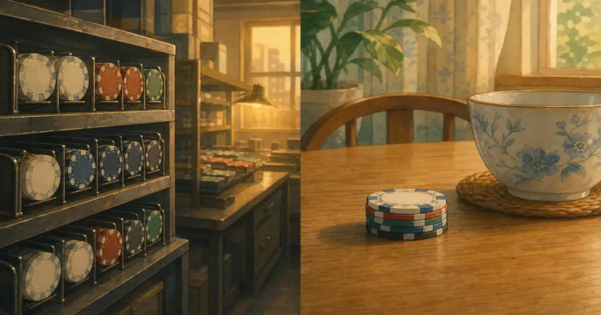 Hand-painted card-room chip rack beside home dining table chip stack — Poker Foundry vs Chipco custom poker chips comparison