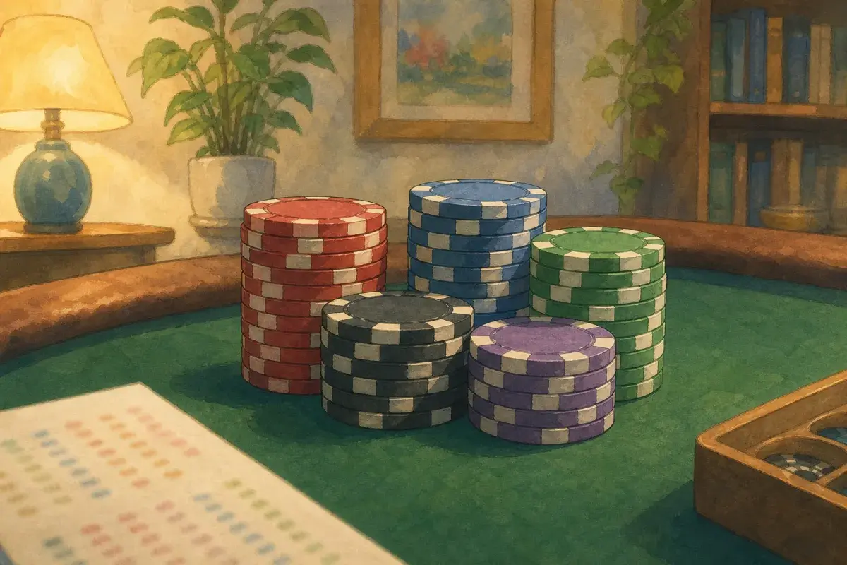 Tournament poker chip denominations laid out in neat stacks on a home game table