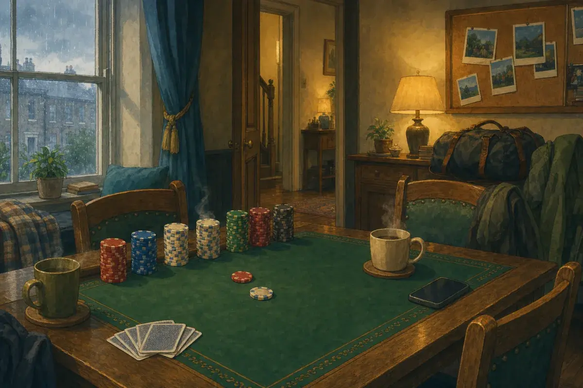 Ghibli-style illustration of a UK reunion dining room with six colourful ceramic chip stacks on green felt — RUPS Casino custom poker chips case study