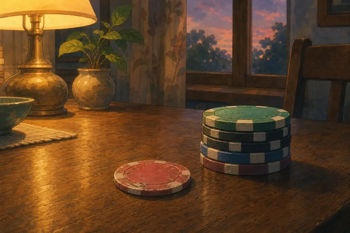 Illustration of a small stack of colourful poker chips on a home table — upgrading from plastic to custom casino-grade poker chips