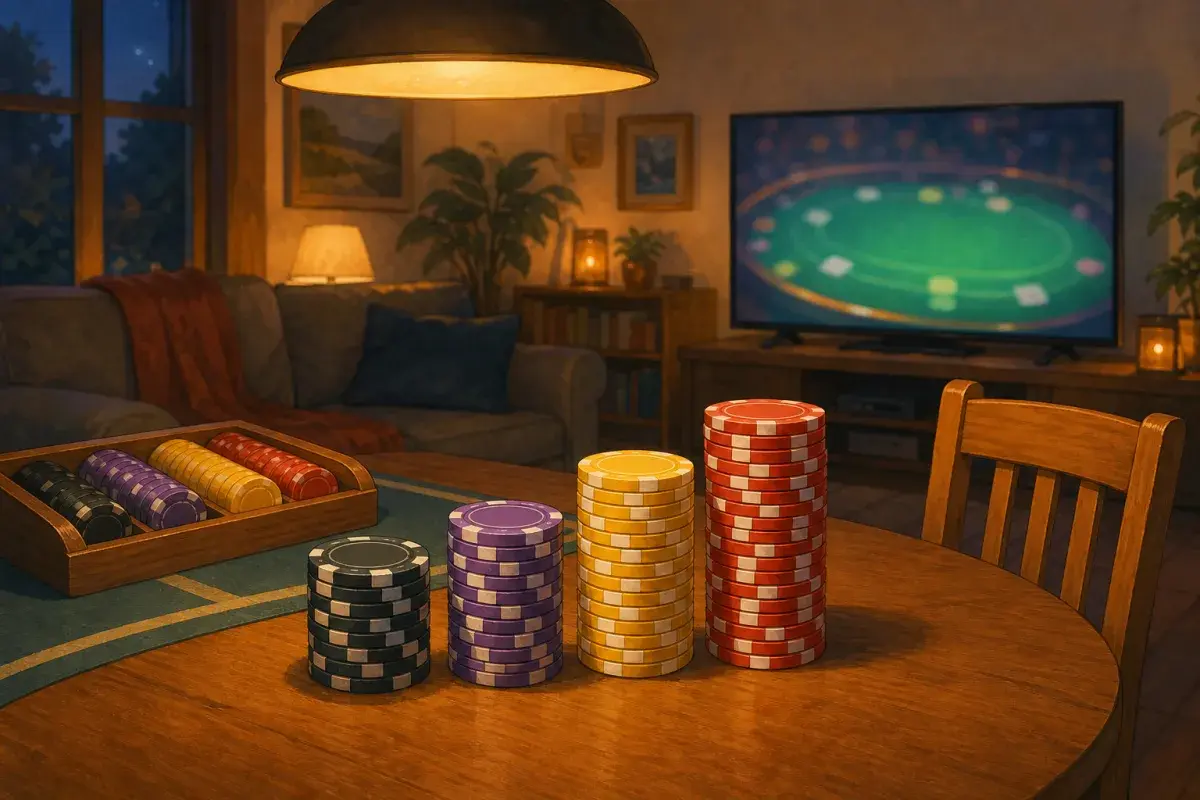 Studio illustration of a home Main Event watch party with ascending stacks of round Paulson-style chips in distinct colours on a dining table, soft TV glow in the background
