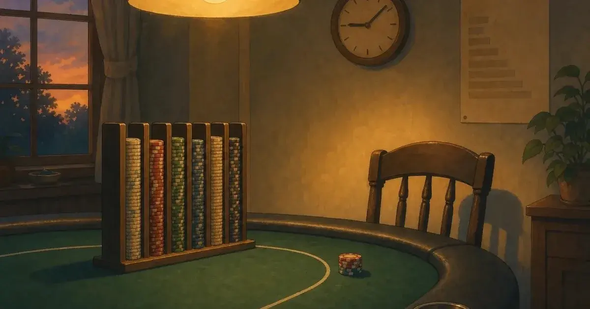 Ghibli-style home poker table with unusually tall chip racks beside a wall clock and blind poster — WSOP Monster Stack deep-stack home tournament guide