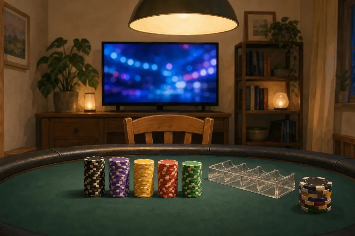 Studio illustration of a home poker table with colour-ladder chip stacks and a chip rack beside a softly glowing television — WSOP poker chips home tournament guide