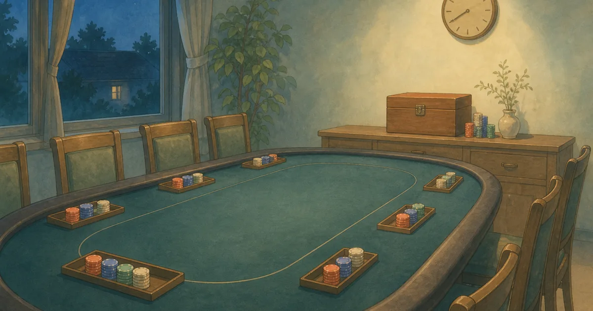 Long home tournament table with chip trays at each seat and a sideboard bank box - 1,000 chip poker set guide