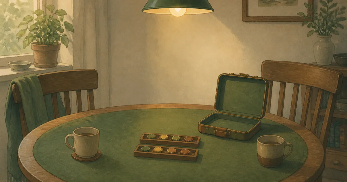 Hand-painted small dining table with two narrow chip racks and two empty chairs - 200 chip poker set planning