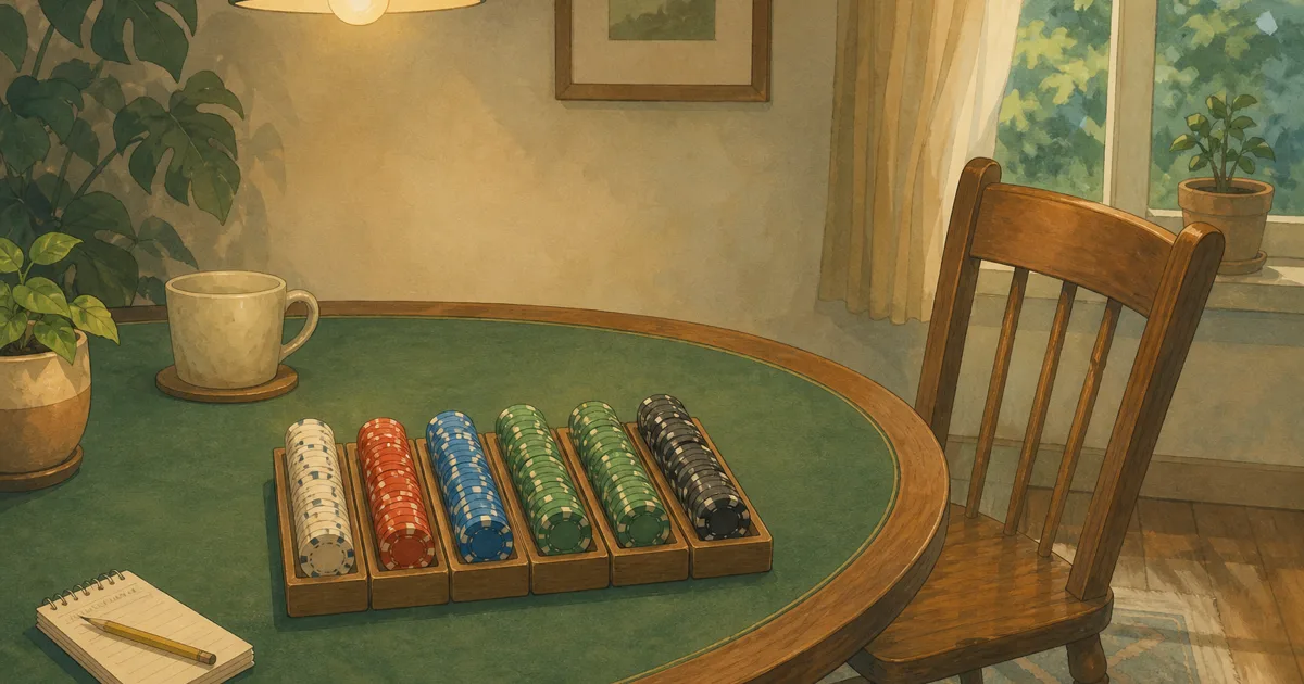 Hand-painted dining table with five narrow chip racks and an empty chair - 500 chip poker set planning guide