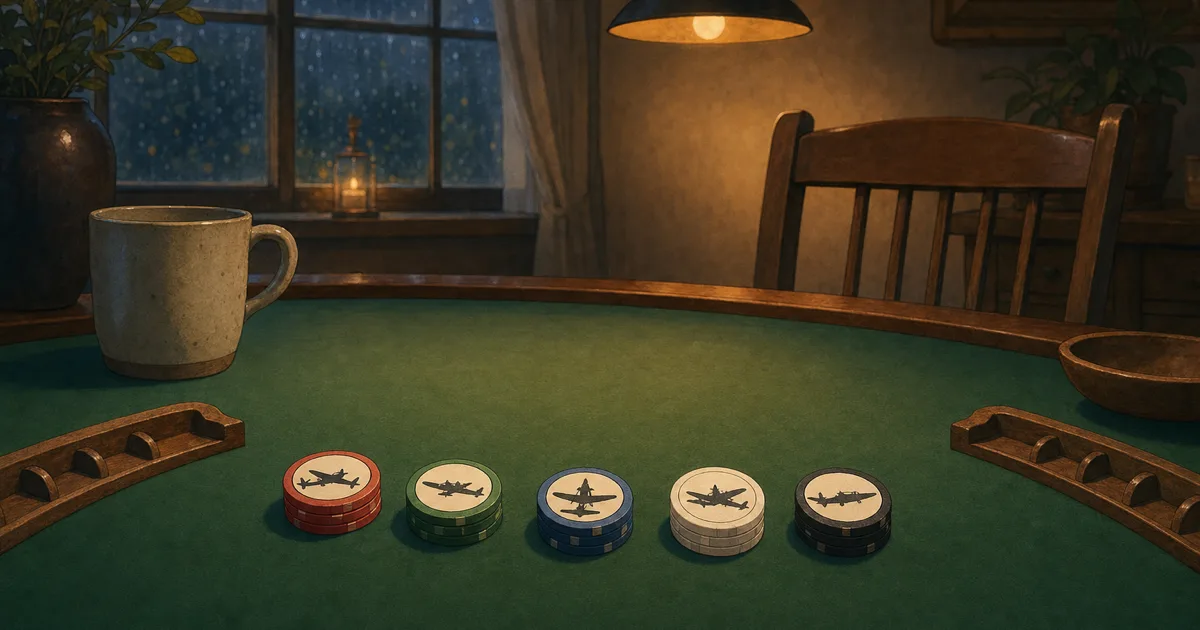 Hand-painted home poker table with five small clay chip stacks in red, green, blue, white and black — magnolia labels with vintage WWII aircraft silhouettes — custom clay poker chips case study