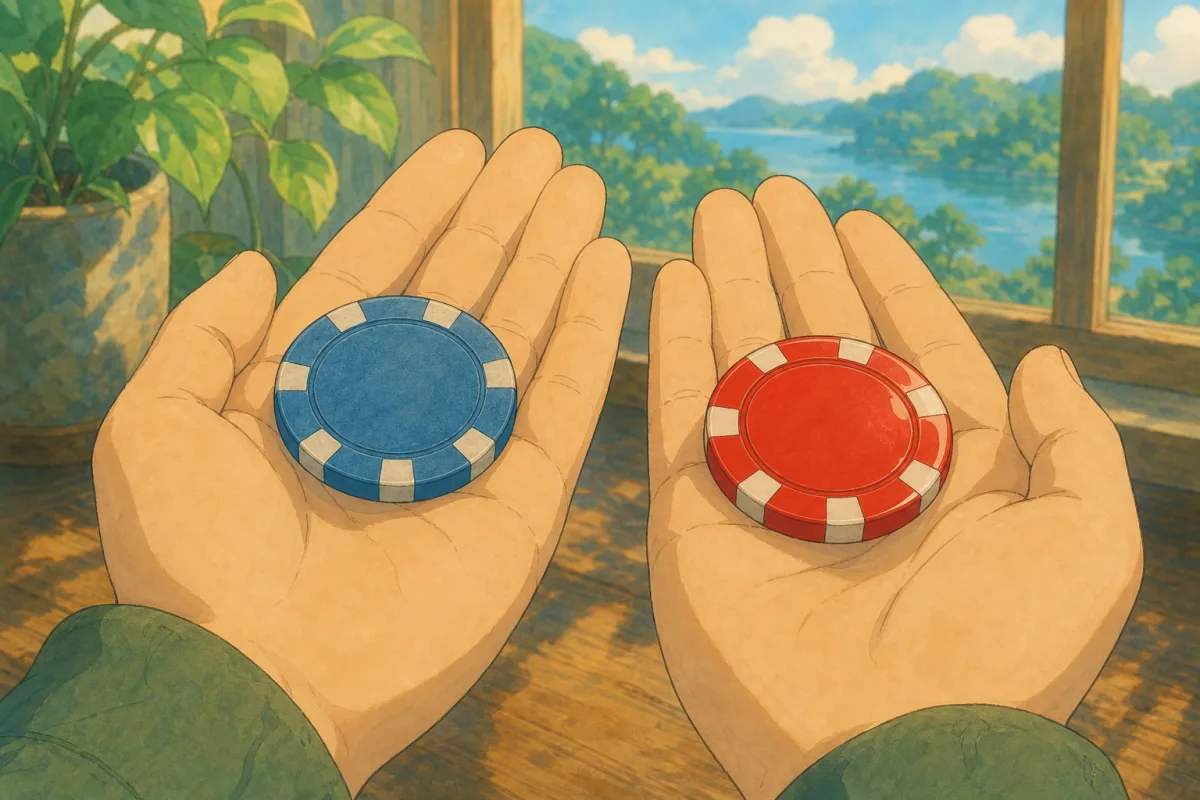 Illustration of two custom poker chips on open hands comparing clay and ceramic — are ceramic or clay poker chips better