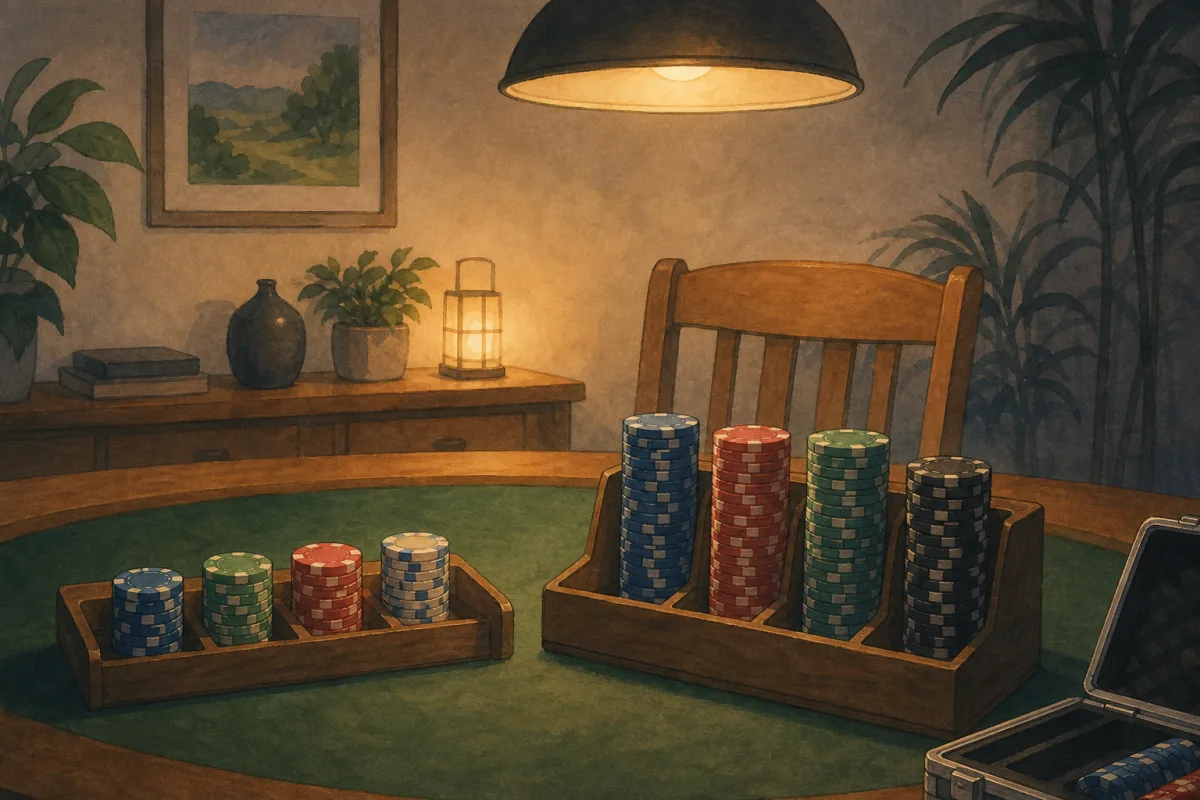 Hand-painted dining table with chip racks, empty chair, and pendant lamp - best custom poker chips for serious home games