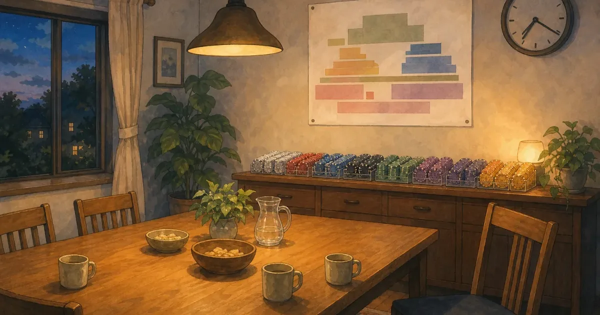 Ghibli-style home poker room with blind poster showing BBA notation, chip racks at break, and wall clock - big blind ante home tournament planning