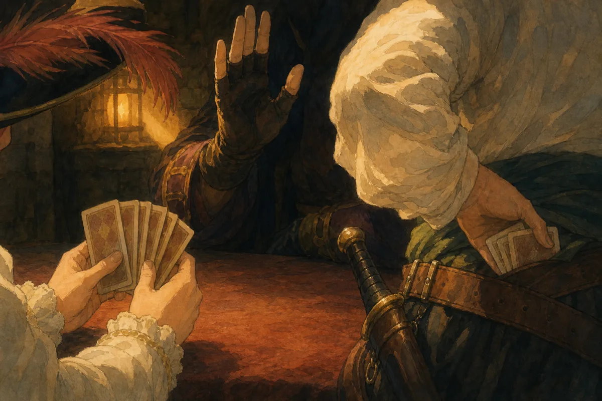 Ghibli-style close scene of three figures at a card table, gloved hand signalling, hidden cards suggested at a belt, dramatic lamplight - Caravaggio Cardsharps art history