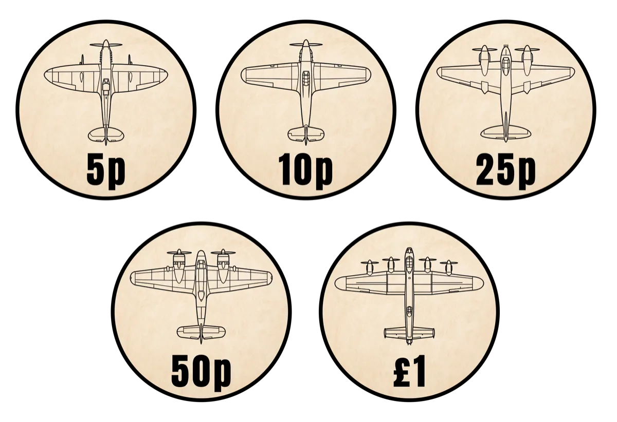 Initial label design proofs for custom clay chips — vintage magnolia background with WWII aircraft artwork options