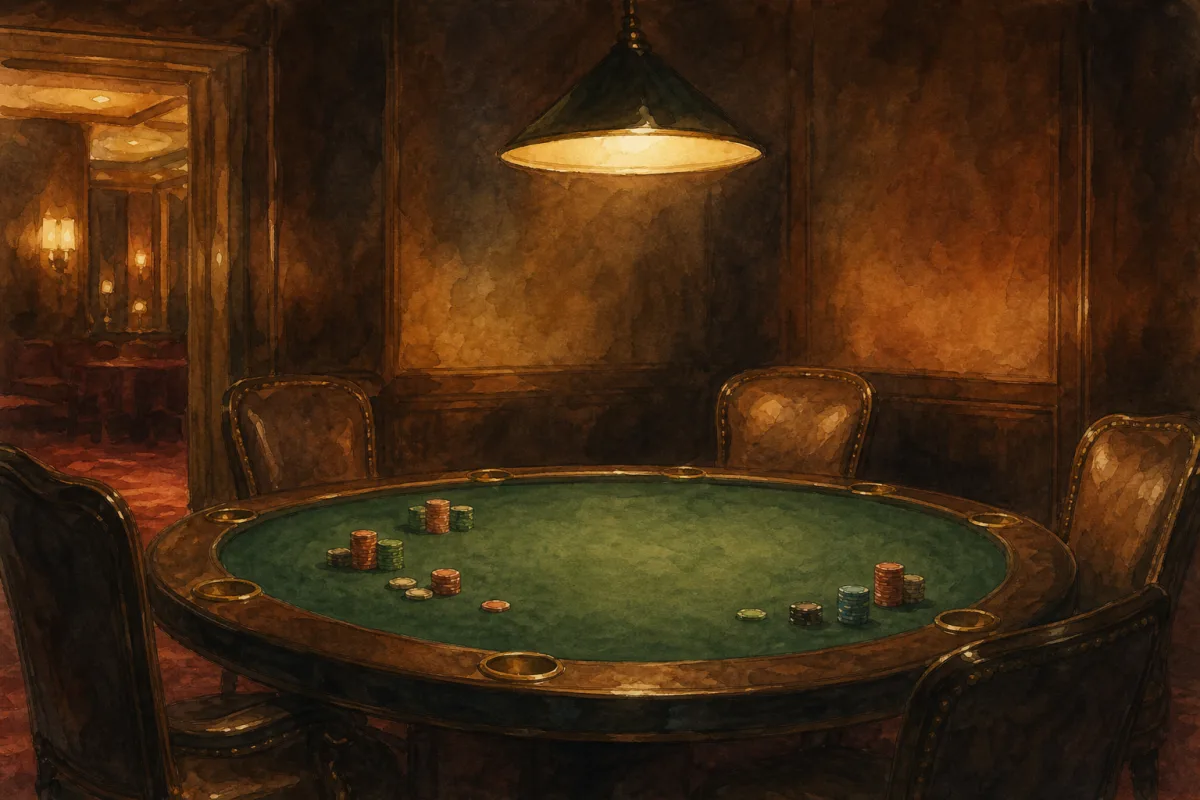 Ghibli-style 1990s casino table with overhead lamp, scattered prop chip stacks, and empty high-roller chairs - Casino 1995 poker film chips