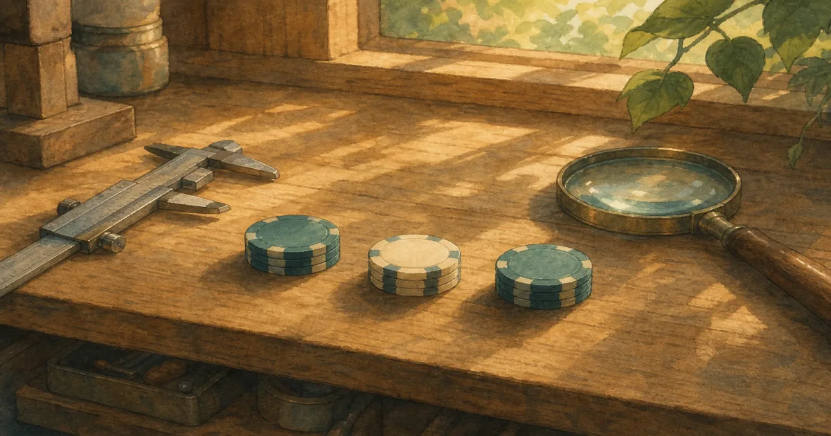 Ghibli-style workshop shelf with coin-sized poker chip stacks and calipers under warm light - casino-grade custom poker chips spec guide