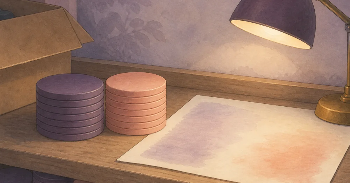 Hand-painted workshop shelf with flat-edge ceramic chip stacks and an open proof sheet - ceramic poker chip set guide