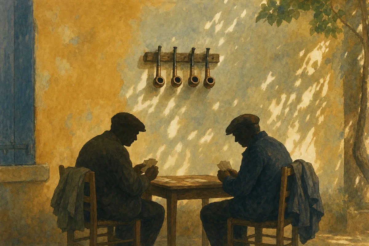 Ghibli-style Provençal interior with two labourer silhouettes at a plain card table, pipe rack on sun-dappled wall, muted ochre light - Cézanne Card Players art history