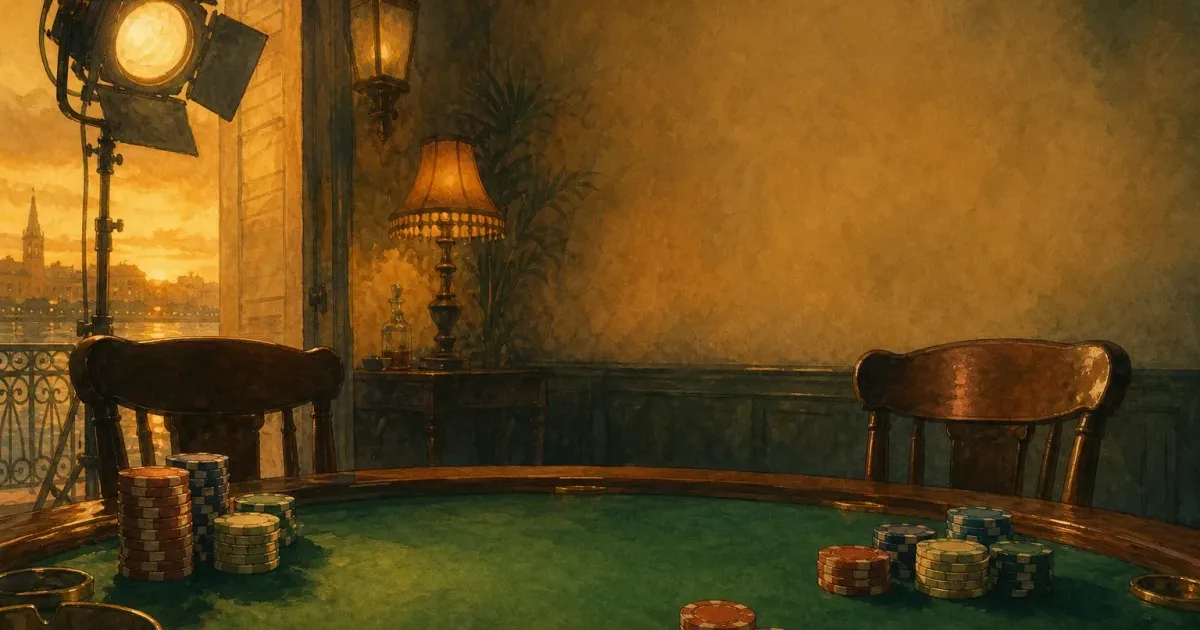 Ghibli-style 1960s poker room with amber lamplight, two empty chairs at green felt, heavy chip stacks and a half-visible playing card - The Cincinnati Kid poker film culture