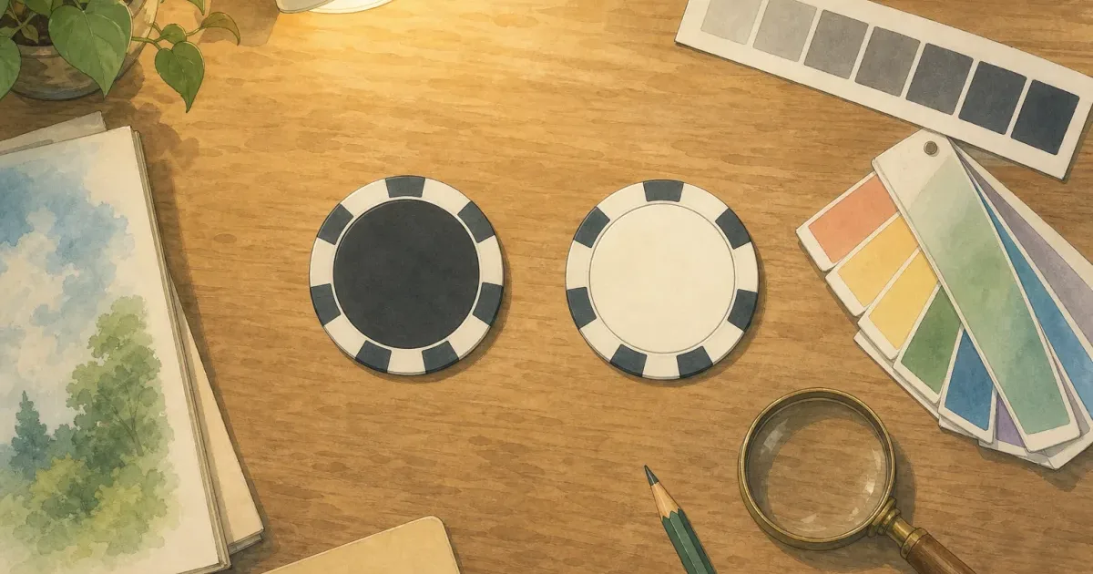 Ghibli-style design desk with chip proofs in greyscale and colour swatches beside a magnifying glass - colour blind poker chips accessibility planning