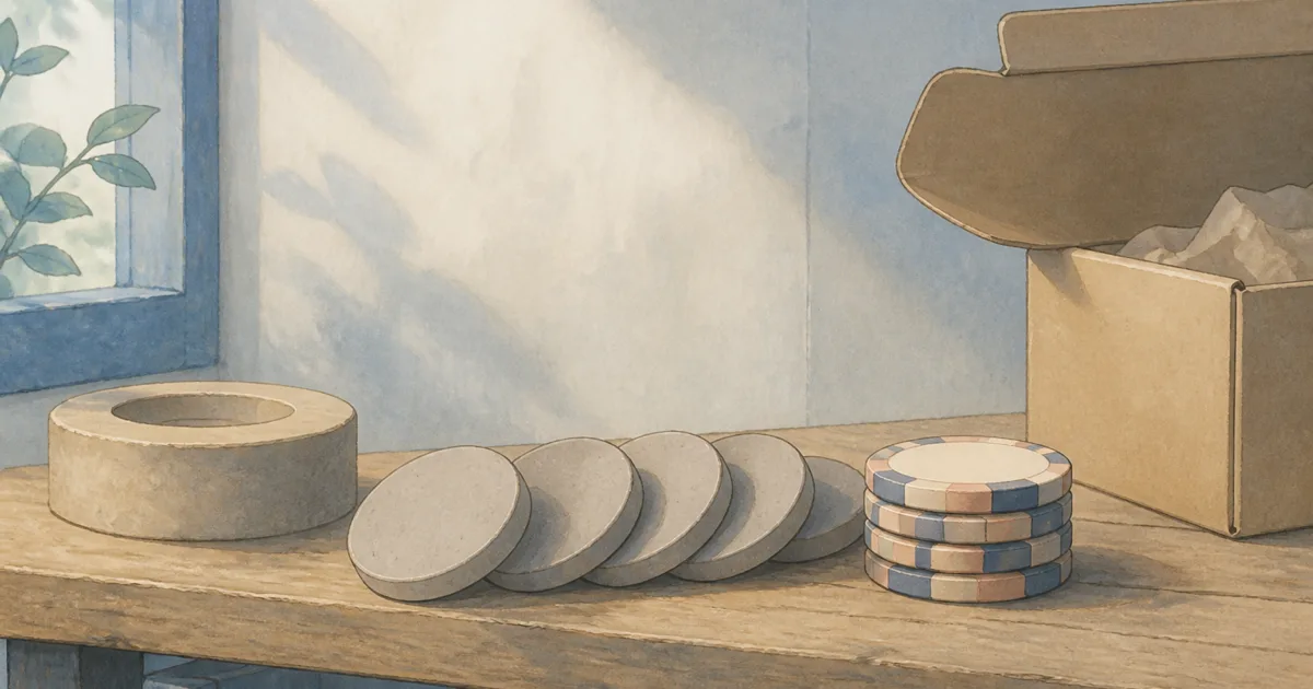 Workshop shelf with clay-composite chip blanks beside a bevelled finished stack - composite clay poker chips guide
