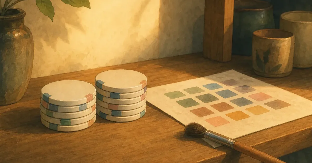 Ghibli-style workshop shelf with flat-edge ceramic poker chip blanks and a colour proof sheet under warm lamplight — custom ceramic poker chips guide