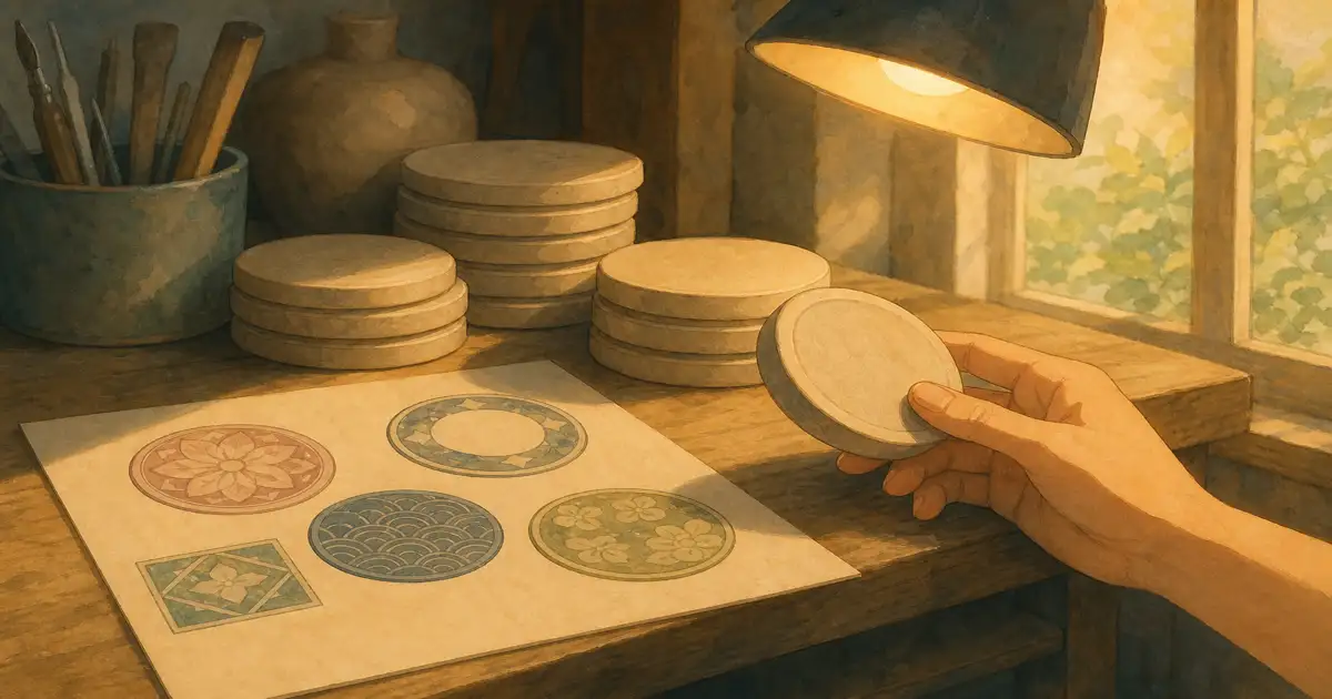 Ghibli-style workshop shelf with bevelled-edge clay poker chip blanks and a printed inlay proof sheet under warm lamplight - custom clay poker chips guide