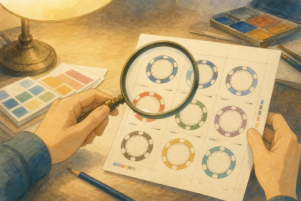 Ghibli-style close-up of hands holding a magnifying glass over a chip design proof sheet with oversized centre numerals - custom poker chip denomination text size