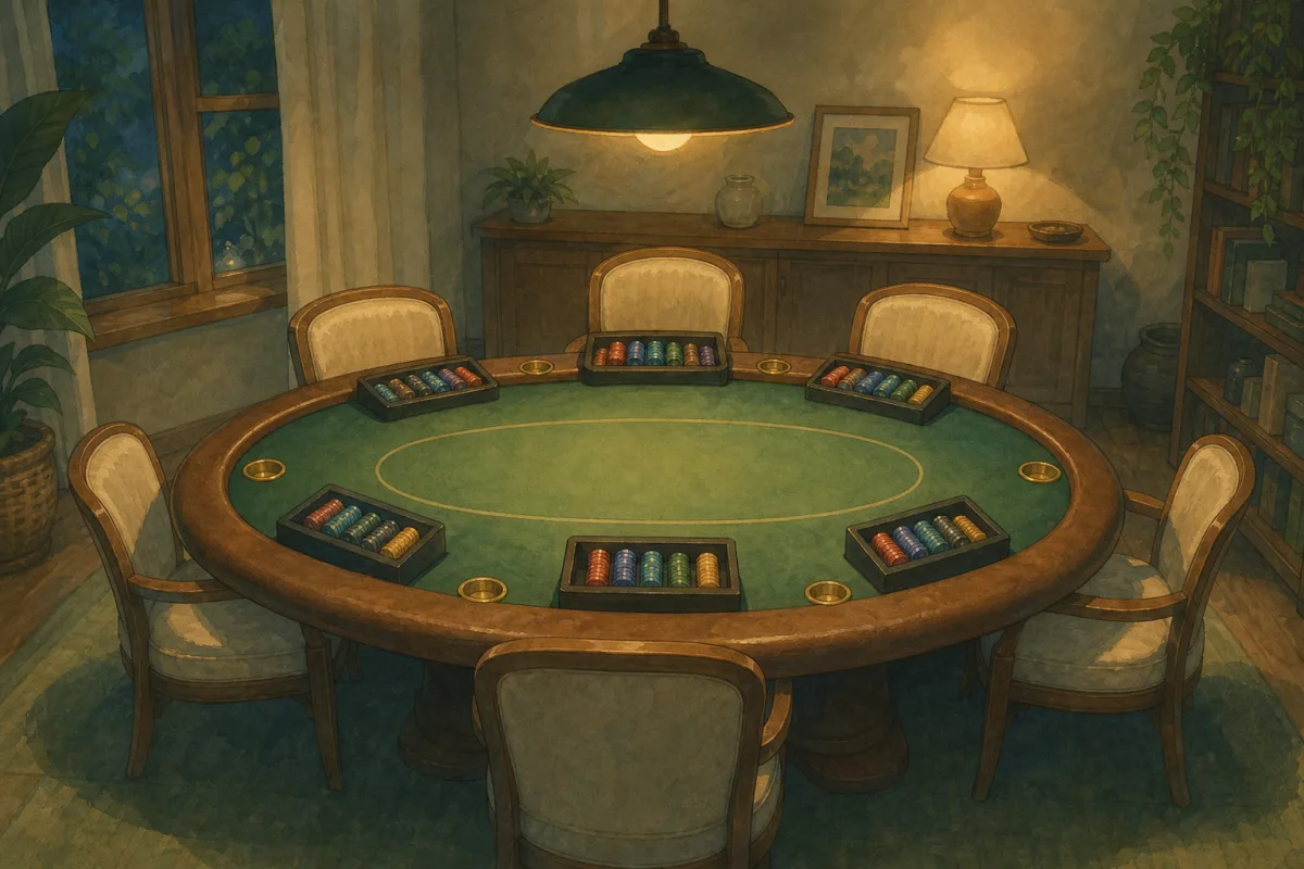 Ghibli-style six-seat poker table with six chip racks and deep red stacks under warm lamp light - custom poker chips for 6-max cash games