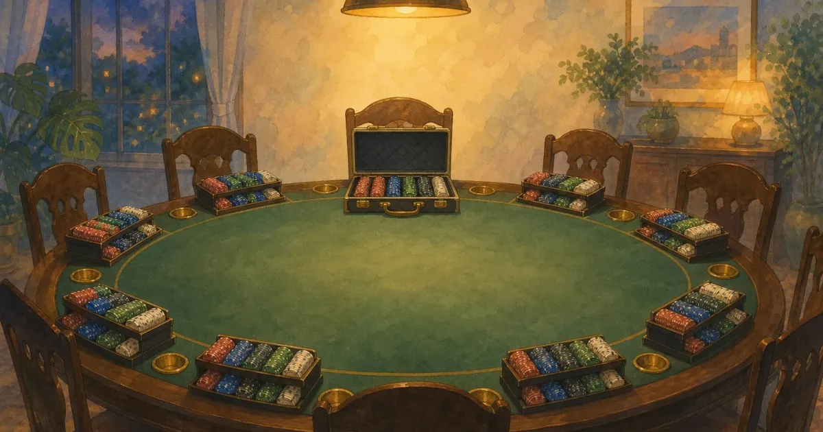 Ghibli-style nine-seat dining table with chip racks at each place and warm pendant light - custom poker chips for 9-max home cash games