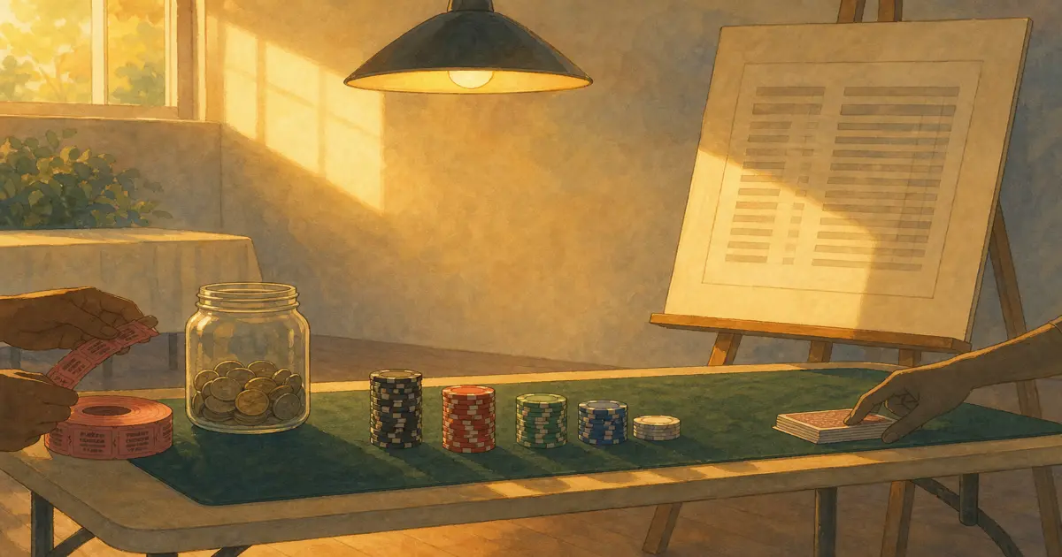 Ghibli-style community hall with charity poker table, donation jar, raffle tickets, and small realistic chip stacks — custom poker chips for charity tournaments