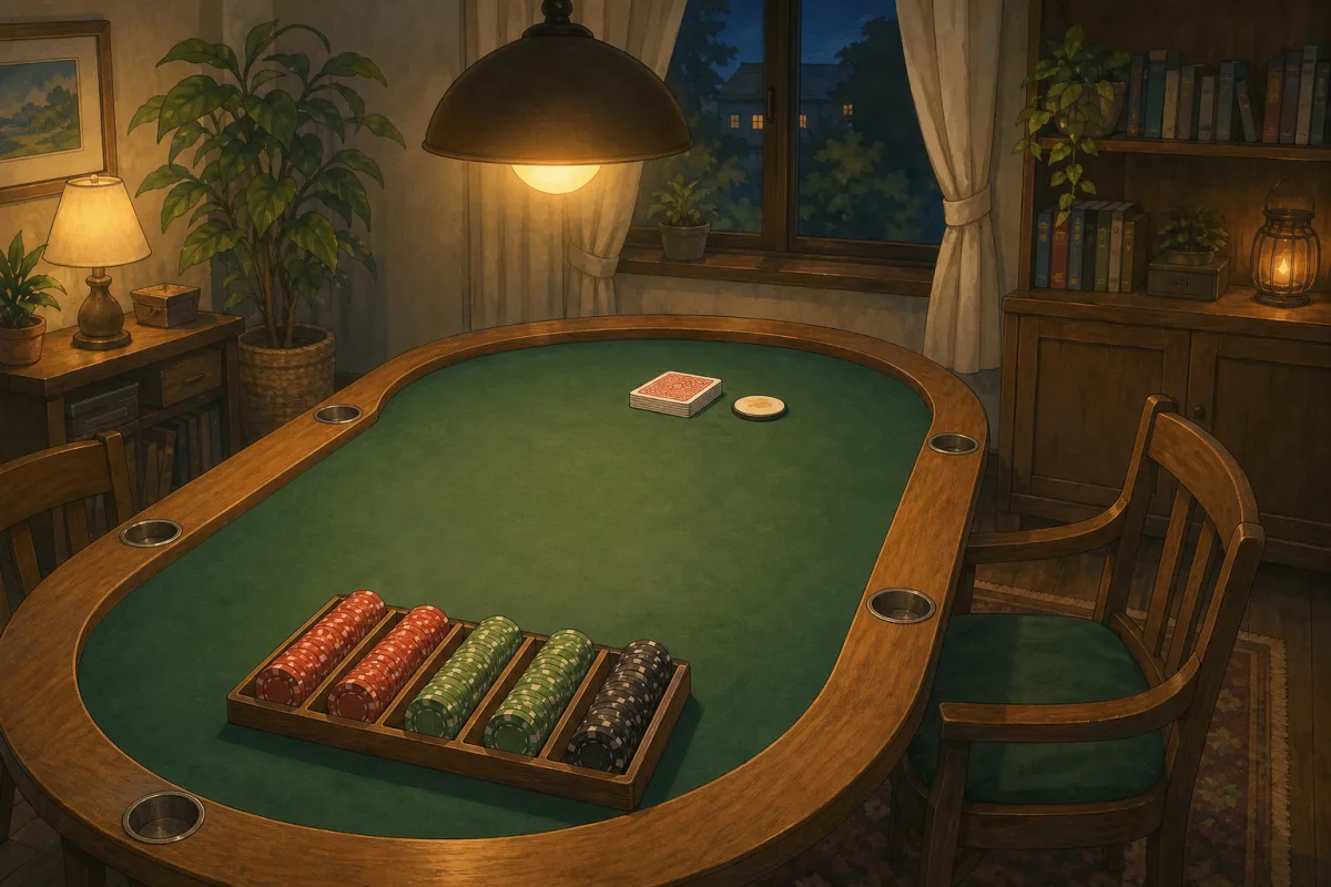Studio illustration of a home dining table set for poker with chip racks, an empty chair, and warm pendant lamp - custom poker chips for home game hosts