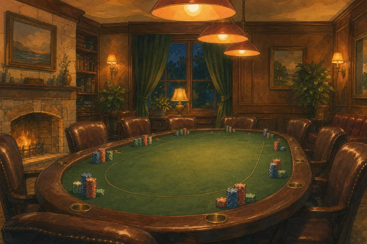 Illustration of an empty poker club table with chip stacks under warm lamp light - custom poker chips for poker clubs