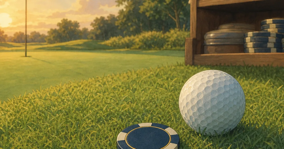 Hand-painted putting green fringe with a coin-sized custom chip beside a golf ball and a small pro-shop display rack - custom poker chips as golf ball markers