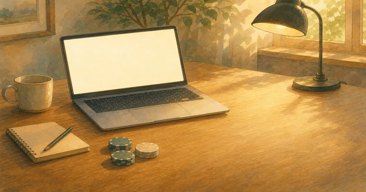 Ghibli-style illustration of a design desk with laptop, notebook, and small coin-sized chip stacks - comparing custom poker chip instant quotes