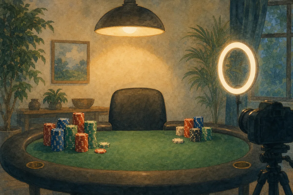 Ghibli-style home poker table with soft ring light, camera silhouette, and bold high-contrast chip stacks - custom poker chips for live stream home games