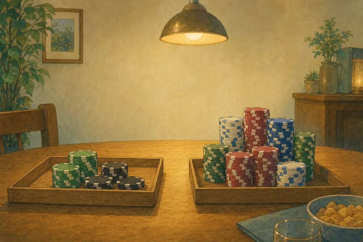 Ghibli-style illustration of two labelled chip trays side by side on a home table - cash dollar stacks and unitless tournament stacks for dual-use custom poker chips