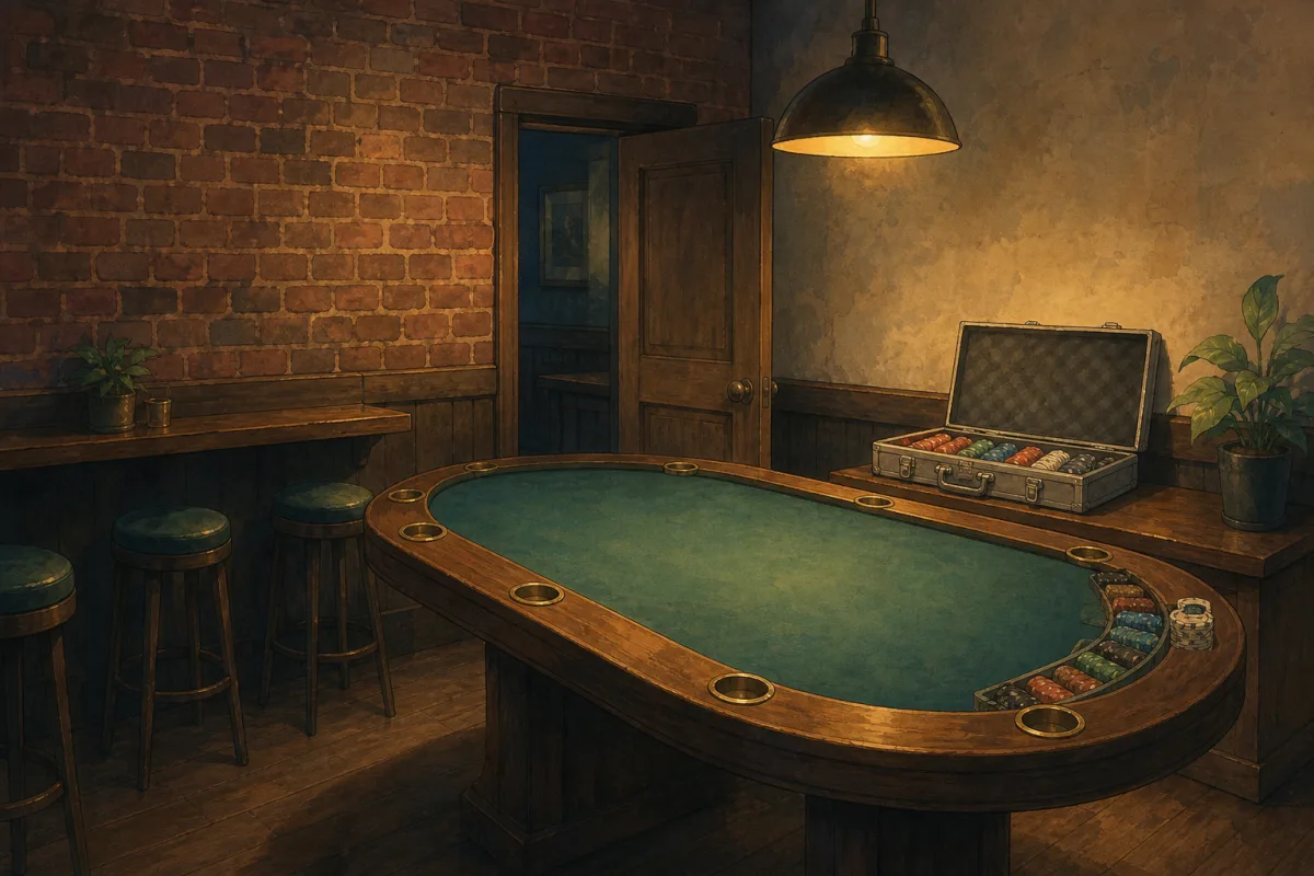 Ghibli-style pub back room with pendant lamp over felt, chip case by the door, empty bar stools - custom poker chips for pub poker and bar leagues