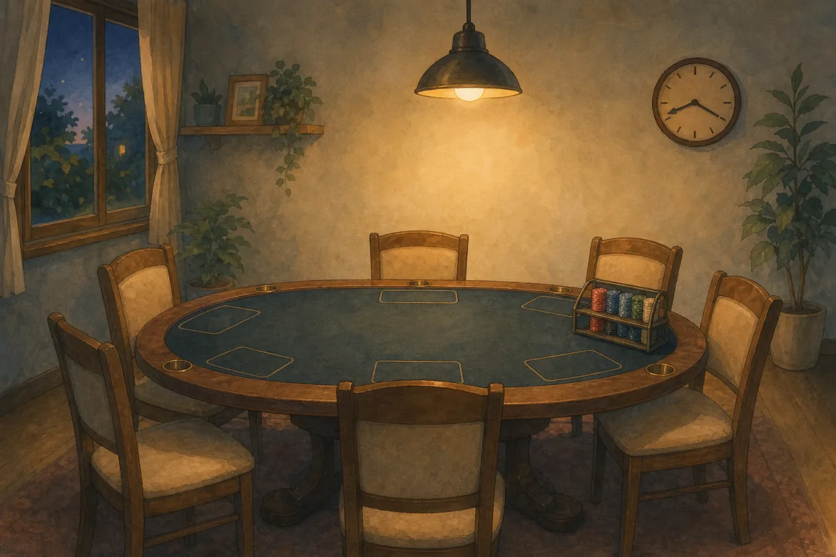Ghibli-style six-seat home poker table with wall clock, single chip tray, and warm pendant light - custom poker chips for sit-and-go tournaments