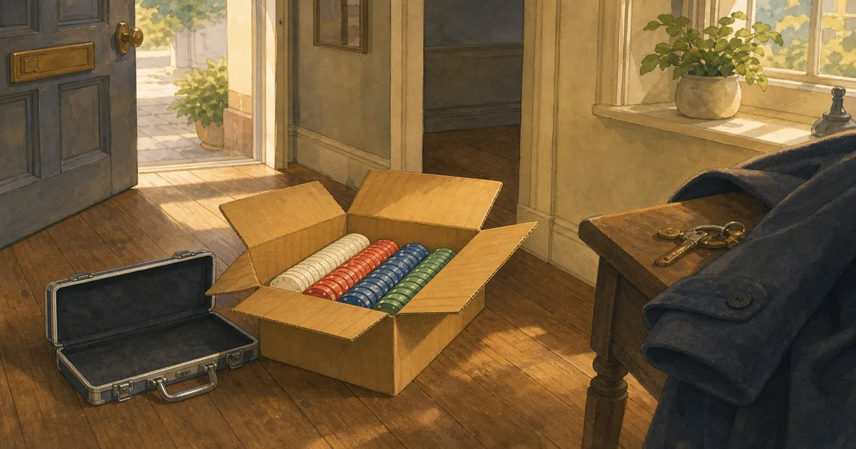 Hand-painted UK hallway with an open courier box of colour-sorted ceramic chip stacks ready for a home cash game — poker chips UK in stock