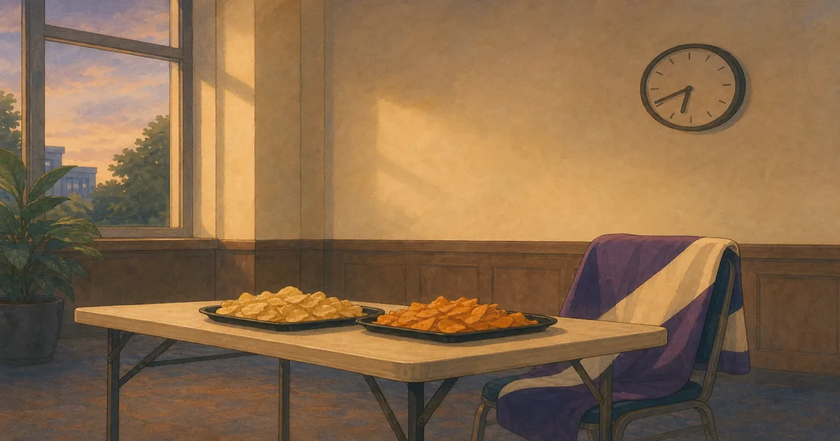 Ghibli-style empty student common room table with chip trays, society banner folded on chair, and wall clock - custom poker chips university poker society