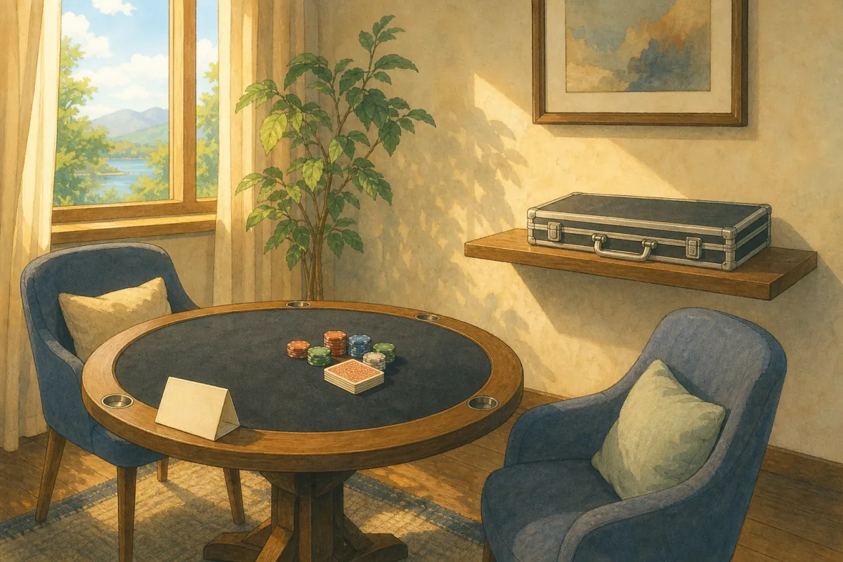 Ghibli-style vacation rental game nook with welcome card, chip case on shelf, and empty chairs at a poker table - custom poker chips for vacation rentals